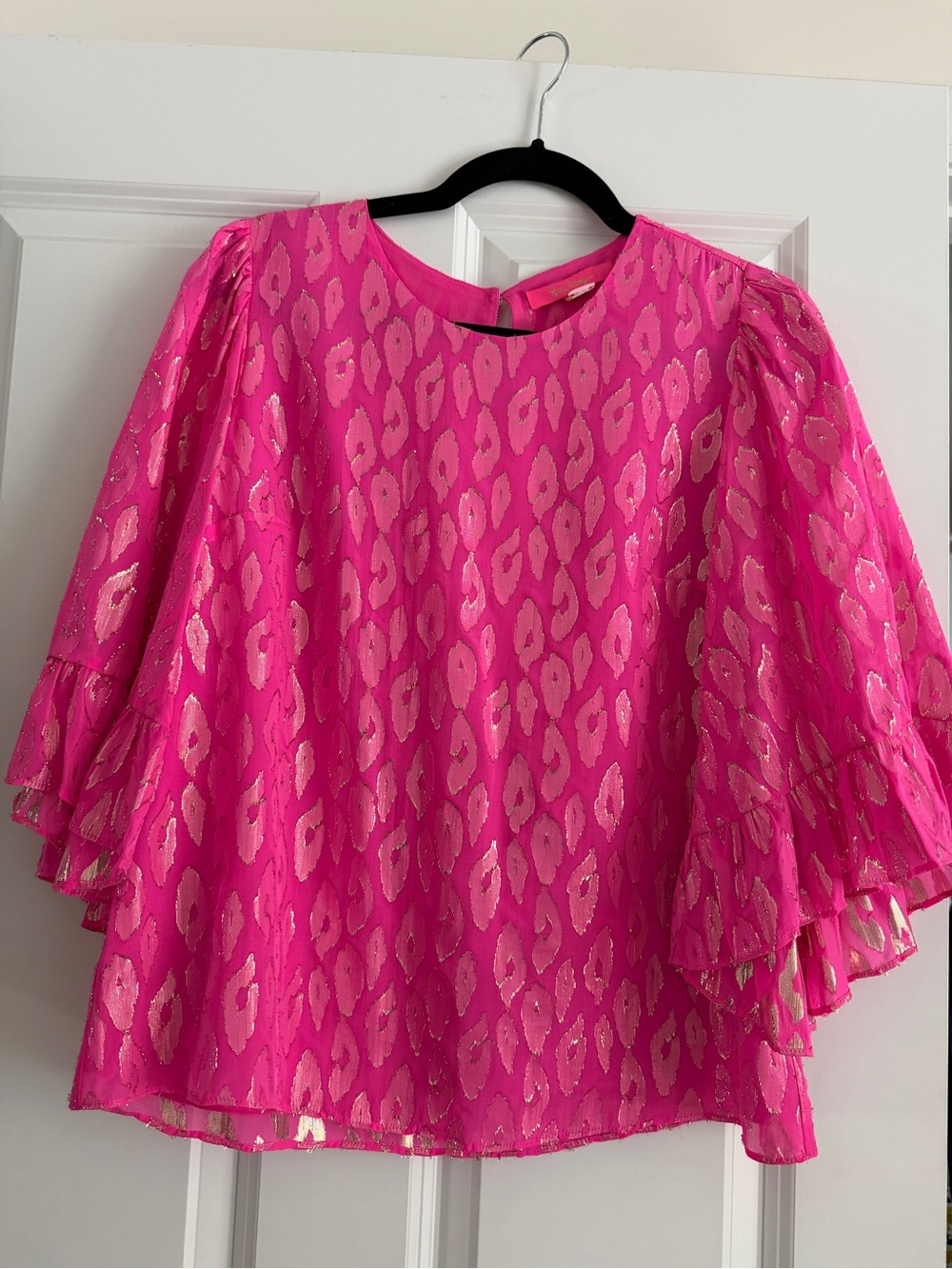 Lilly Pulitzer Hot Pink Metallic-Accent Ruffle Sleeve Blouse